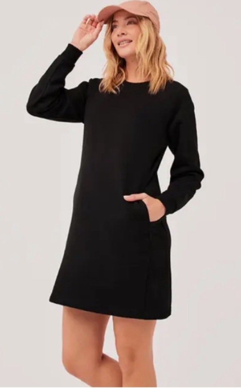 Pact Organic Cotton BLend Courtside Sweatshirt Dress Large Womens Black Fleece