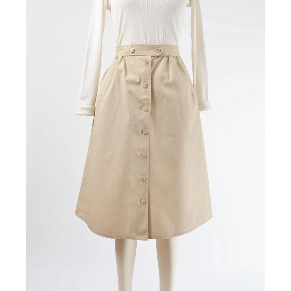 Vintage 80s Khaki A-line Button Down Front Flared Midi Skirt with Pockets M - Image 3 of 4