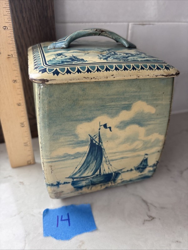Vintage Biscuit Cookie Tea Tin Made in Germany Windmill Boats Blue