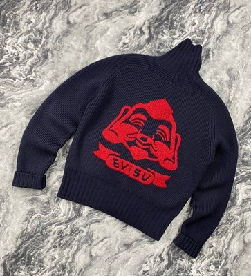 Vintage Evisu Wool Knit Ribbed Sweater 90s Big Logo Men Size S