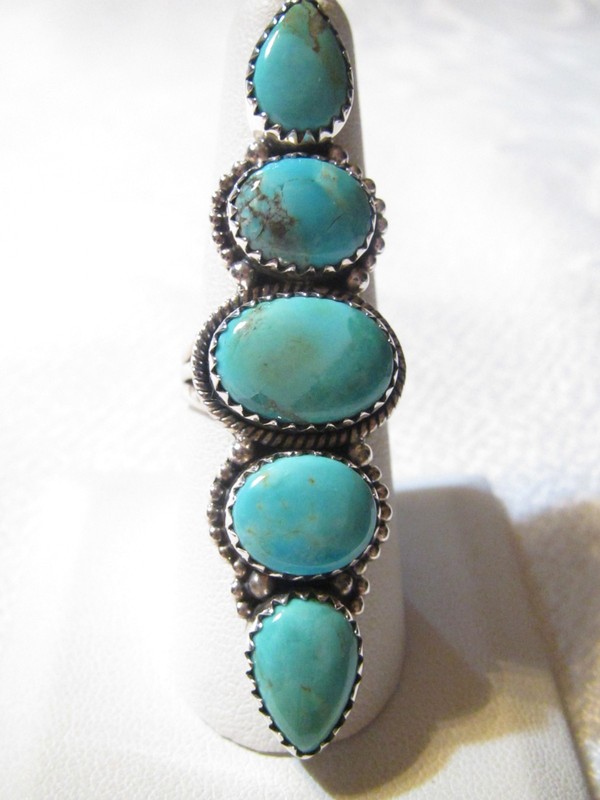 FABULOUS RETRO 2 1/4" LONG GENUINE TURQUOISE STERLING SILVER RING - SZ 8 - 11.1G