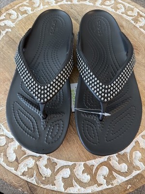 Women's CROCS Kadee II Black Jewels Embellished Diamante Flip Flops Size 6 NWT