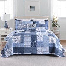 Plaid Quilt Set - 100 Cotton Farmhouse Queen Quilt with 2 Pillow Shams, Ligh...