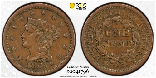 1855 P Braided Hair Cent PCGS XF-45 BN Brown Knob on Ear - Picture 3 of 3