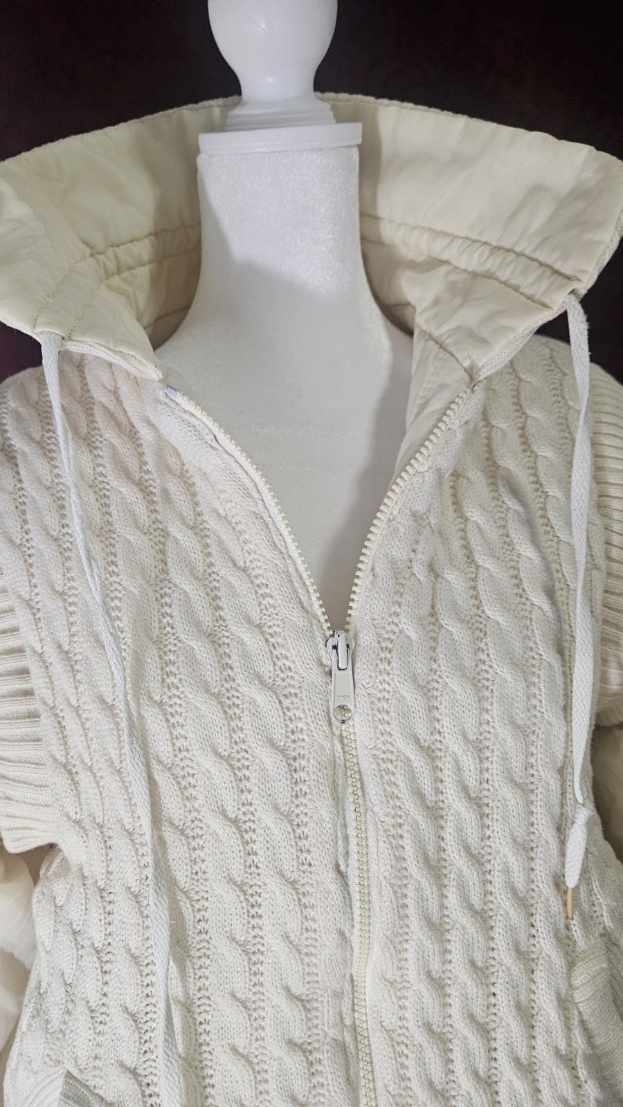 Ivory Cable Knit Zip Drawstring Collar Ribbed Poc… - image 4