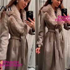 ZARA WOMAN FW25 LIGHT MINK WOOL COAT WITH FAUX FUR LAPEL AND BELT 8535/107/736