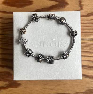 Pandora Armband mit 9 Charms Clips silber gold Diamanten