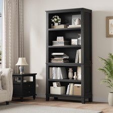 5-Tier Large Capacity Vintage Bookshelf, Farmhouse Style Black Bookcase for Home