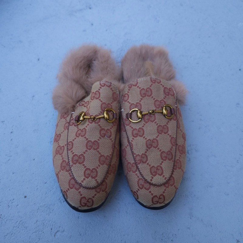 GUCCI Princetown Horsebit Fur Sandals/ Beige/ Size: SIZE 8.5 / 39 EUR NWOB