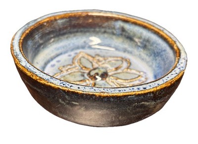 Handmade Studio Art Pottery Blue Glazed Bowl With 3D Flower Artist Signed 5 