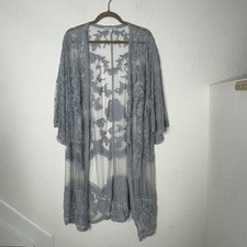She + Sky Gray Floral Lace Kmono Cardigan Sheet Duster S/M Boho Lightweight