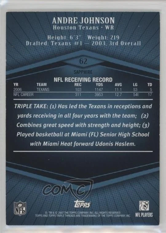 2007 Topps Triple Threads Sapphire /25 Andre Johnson #62 HOF - Image 2 of 2