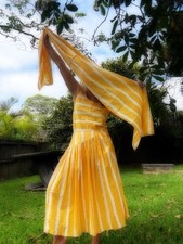 80s Cotton Indian Yellow Scarf Stripe Set Singlet Cami Skirt Midi New 10 Malika
