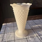 Vintage Hobnail Milk Glass Footed Vase 9.5 Inches Tall Ruffled Edge