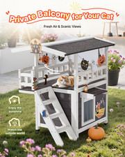 Outdoor Cat House 2-Story Wooden Feral Cat Shelter with Stairs  Balcony