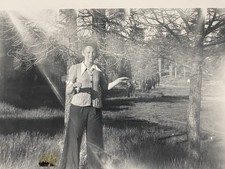Pretty Woman With Fish At Camp Antique Vintage Snapshot Photo