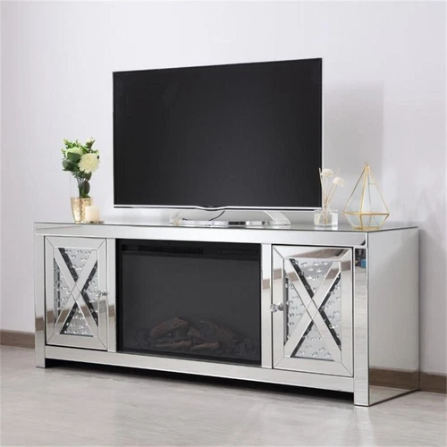 Elegant Decor Modern 2 Door 59" Clear Mirrored Faux Log Fireplace TV Stand - Picture 9 of 10