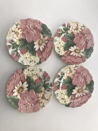 4 Vtg Nikko Fine Tableware 9” Salad Plates Scalloped English Garden Pink Green