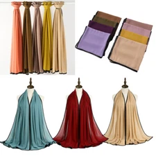 Women's Soft Chiffon Head Scarf Black Rolled Hem Wrap Long Plain Shawl Wild New