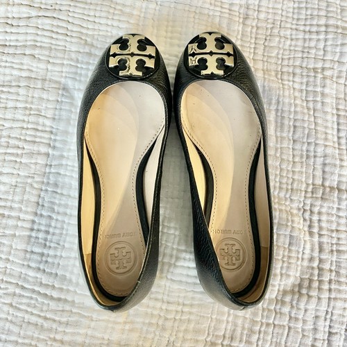 Chaussures plates Tory Burch pointure 4 cuir grainé noir logo doré à enfiler femme - Photo 5/9