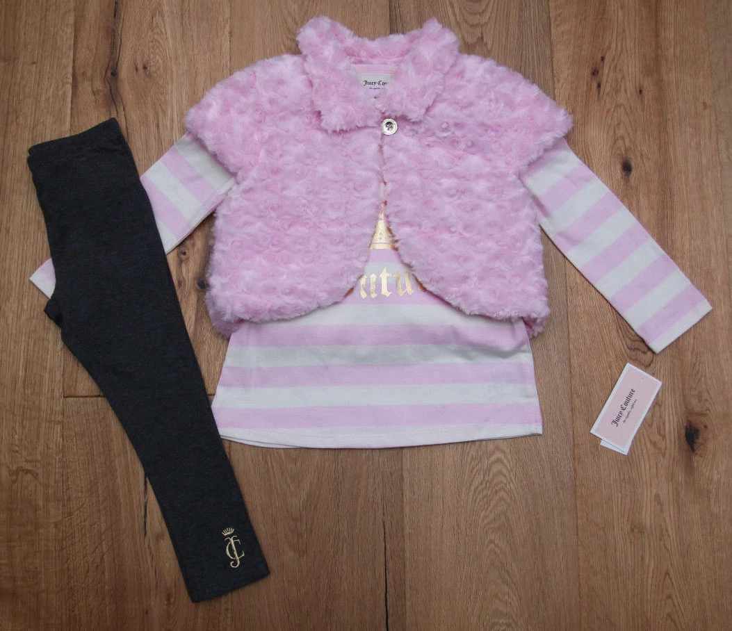 Juicy Couture 3 Piece Long Sleeve Shirt, Vest & Legging Set~ Pink, Ivory & Gray