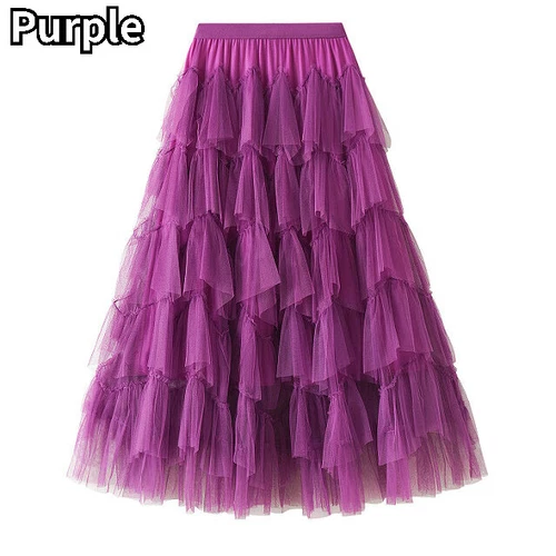 Women Layered Ruffles Tulle Skirt Elastic Waist Tutu Mesh Midi Tiered A-line - Bild 17 von 25