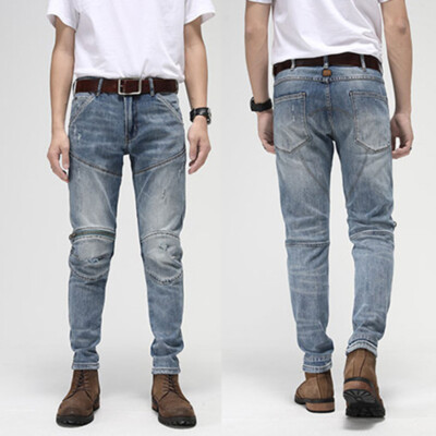 Herren Distressed Zerschlissene Jeans Hose Slim Stretch Freizeit Chic Blau
