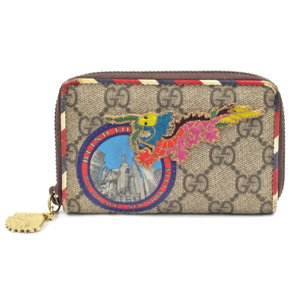 Étui à cartes GUCCI Courier GG Supreme fermeture éclair ronde beige matériel doré avec B authentique