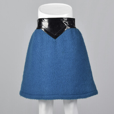 Iconic Pierre Cardin 1960s Space Age Mod Mini Skirt Vinyl Waistband Blue  Mohair