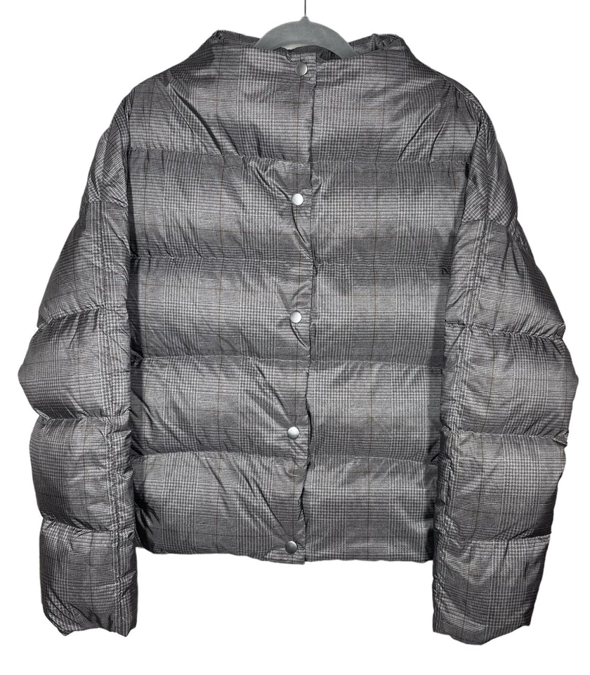 Theory L Large High Neck Puffer Womens Jacket Grey Glen Plaid Down Coat $455 - Image 2 of 4