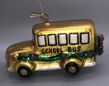 Hand Blown Glass Yellow School Bus Christmas Ornament 6  Holiday Garland Wreath