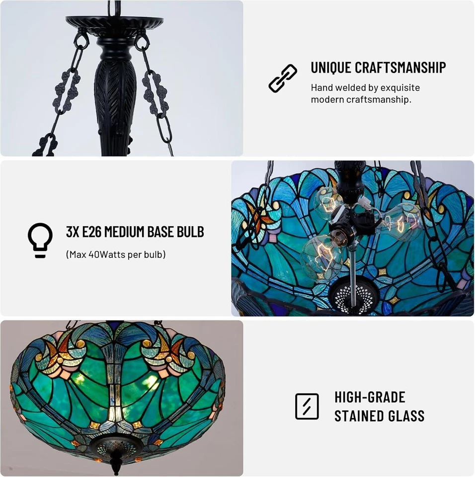Luminária pendente Tiffany 16"" 3 luzes vitrais lustre pendurado abajur - Imagem 4 de 4