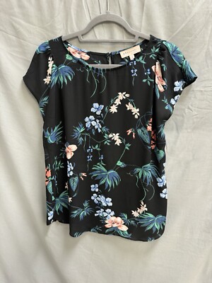 PHILOSOPHY Black Floral V-Neck Flutter Short Sleeve Blouse - Size Small