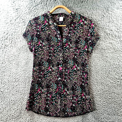 TARGET Womens Blouse Top Size 12 Black Pink Pleated Short Sleeve V-Neck
