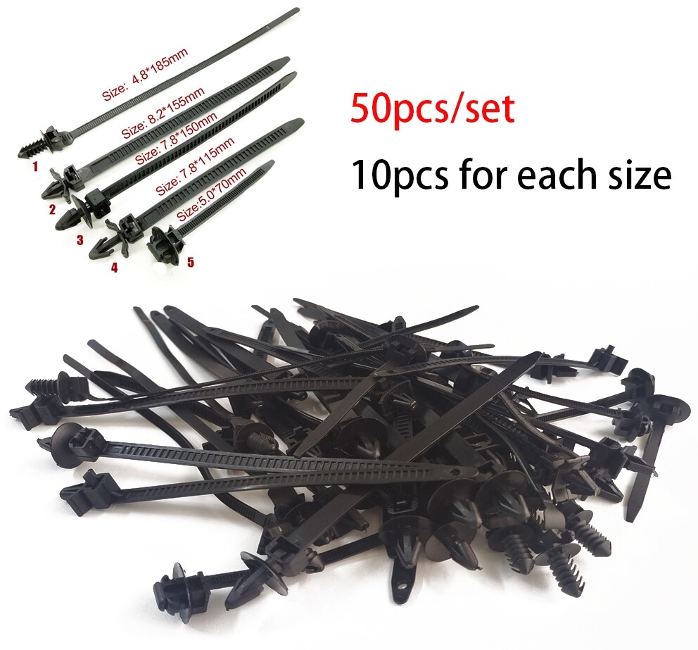 50-Piece Car Cable Zip Tie Clamps with Push Rivets for Wiring Harness