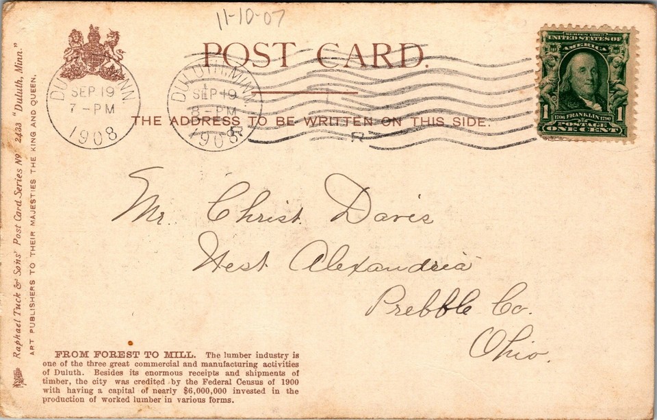 Vtg Duluth MN Horses Hauling Timber Lumber from Forest to Mill 1908