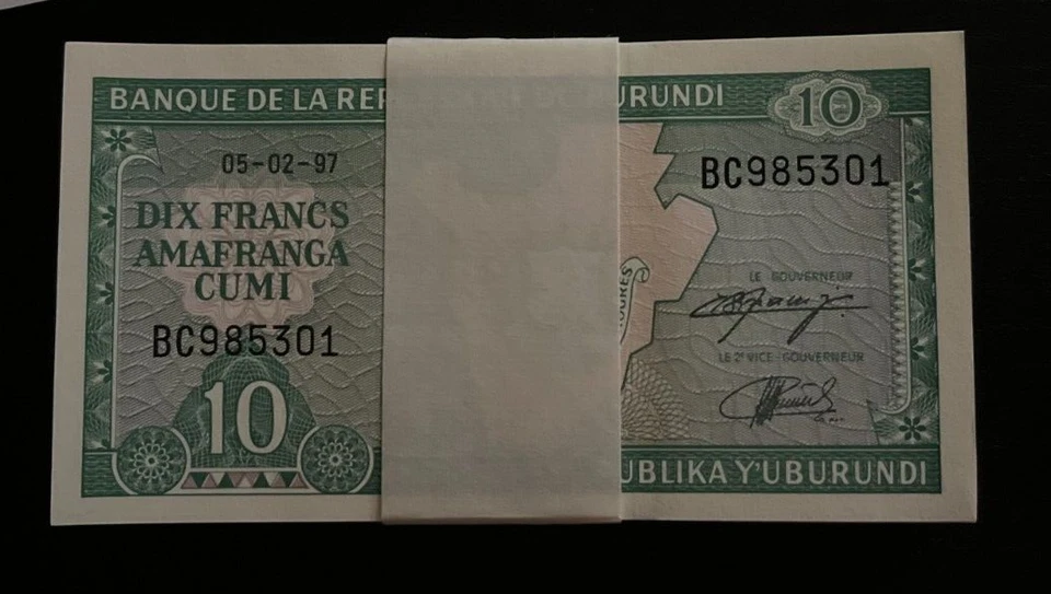 Burundi 10 FRANCS P-33 1997 x 100 Pcs Lot UNC BUNDLE World Currency MONEY NOTE - Image 4 of 4