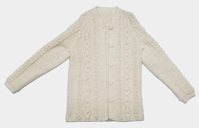 Handmade White Cotton Crochet Cable Knit Pom Pom Cardigan Sweater