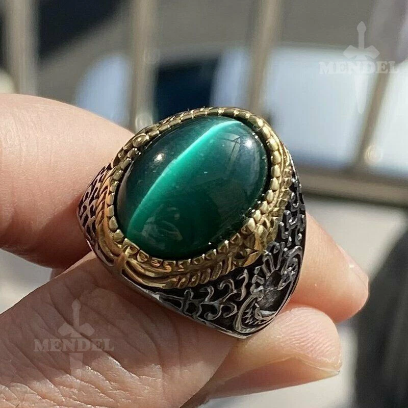 Anillo de piedra ojo de gato verde creado en laboratorio MENDEL para hombre de acero inoxidable talla 7-15 Foto 4 de 4