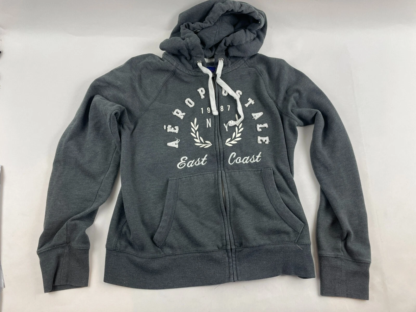 Aeropostale Sweatshirt Women's Size L Gray Full Zip Hooded Drawstring Long Slv