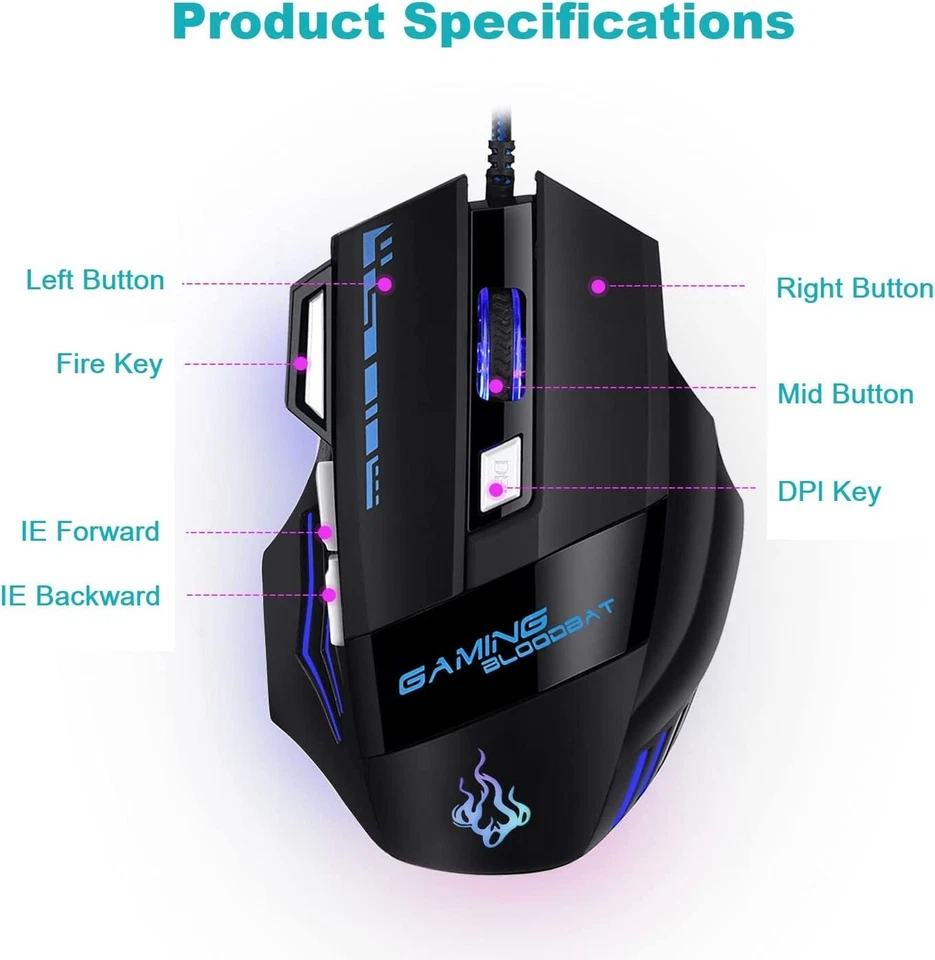 New Wired Gaming Mouse Adjustable Dpi Breathing Light Ergonomic Design USB - Image 4 of 4