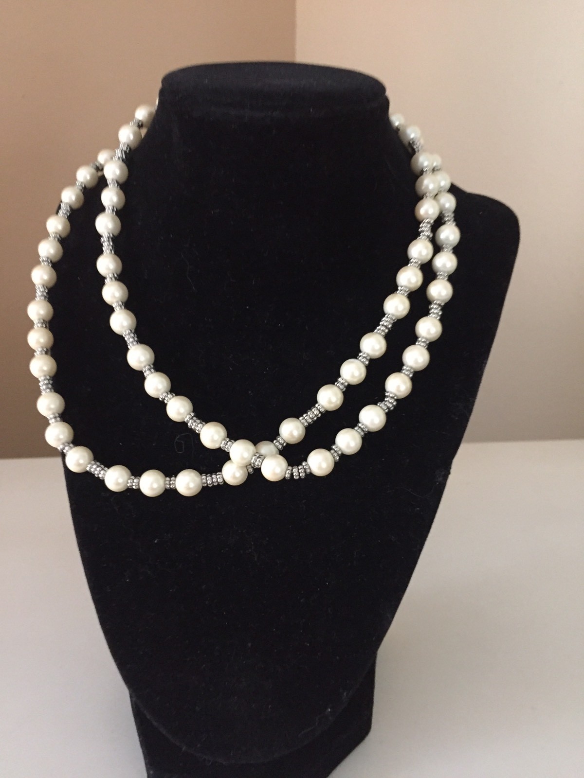 Vintage Chaps Faux Pearls Glass Beads Necklace with S… Gem