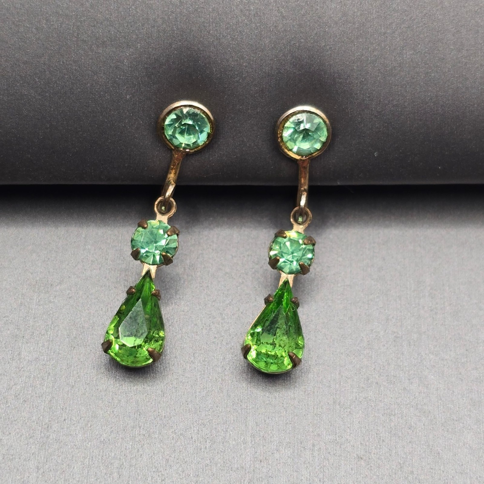 Vintage Uranium Glass Dangle Earrings Green Art Deco Screw Back Jewelry