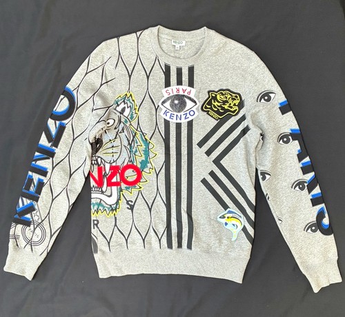 Kenzo Paris Multi-Icon Graphic Patch Sweatshirt XS Gray Streetwear Tiger EUC