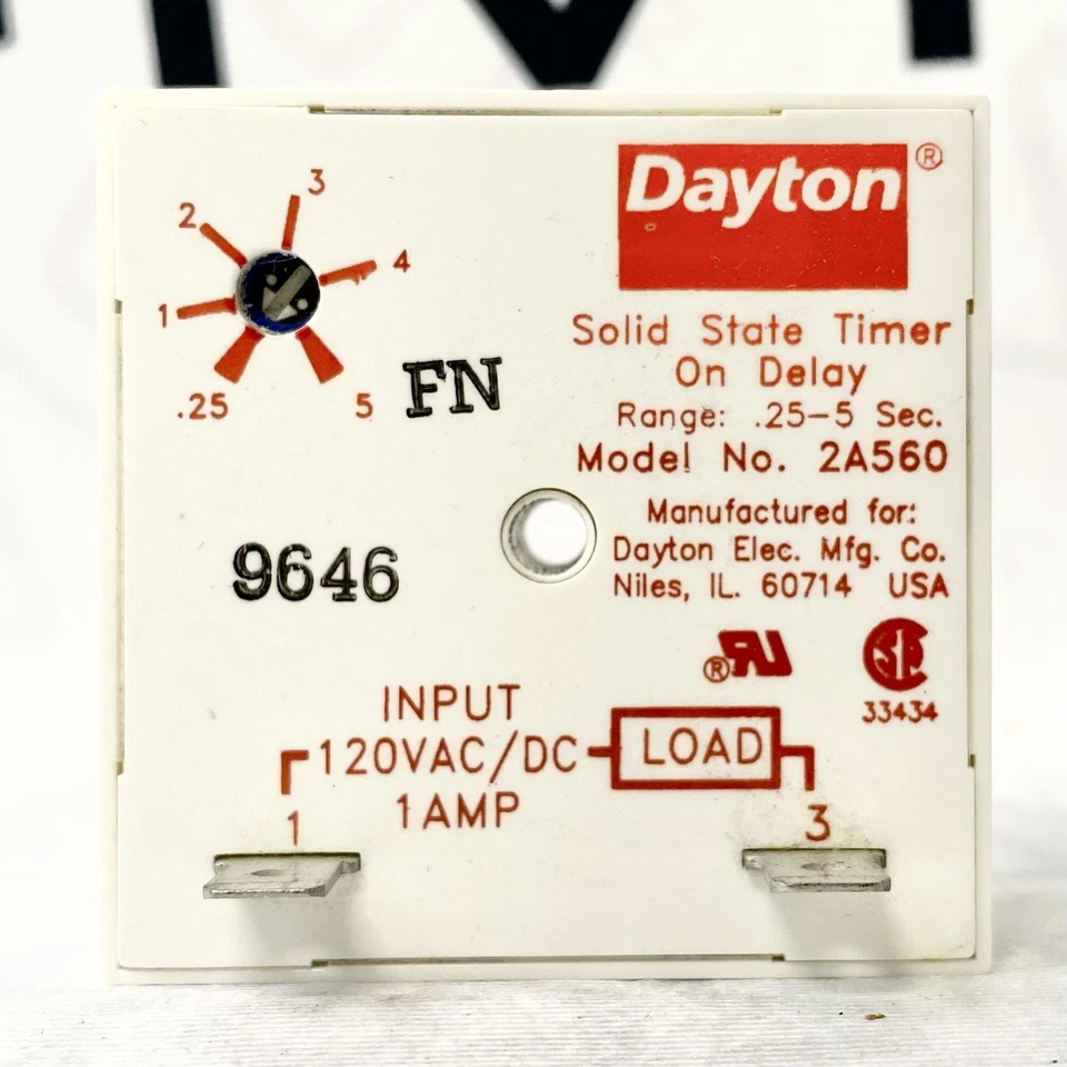 Dayton 2A560 Solid State Timer On-Delay 0.25–5 Sec 120V SPDT Plug-In Octal Base - Image 2 of 4