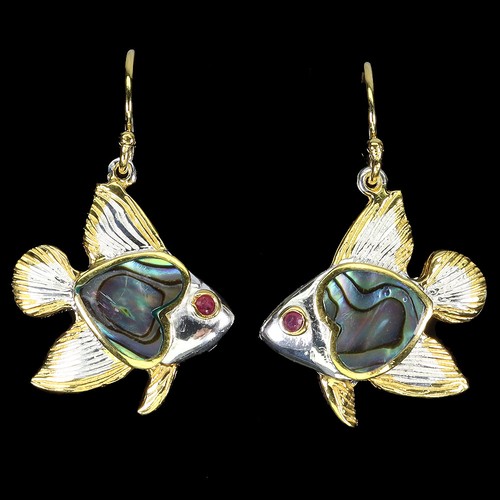 925 Sterling Silver Earrings Round Ruby Myanmar Mop Fish Gemstone Jewelry