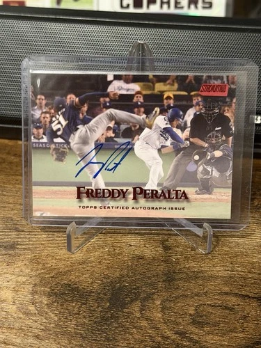 2019 Topps Stadium Club Auto Red card #SCA-FP of Freddy Peralta in Mets Brewers uniform with blue autograph.