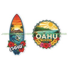 Oahu Hawaii Aloha Vinyl Decal Sticker Beach Hawaiian Waves 2 Pack F