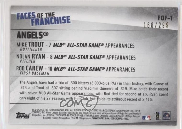 2019 Topps Faces of the Franchise Black /299 Mike Trout Rod Carew Nolan Ryan HOF - Image 2 of 2