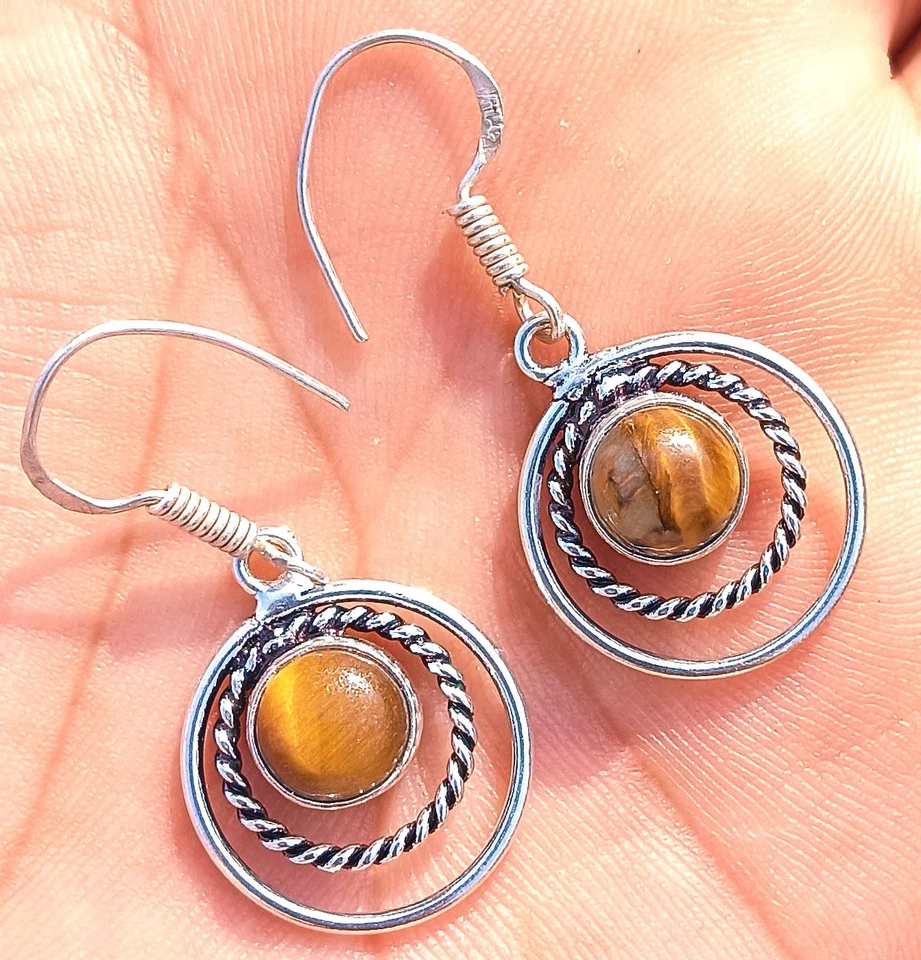 Piedras preciosas ojo de tigre marrón enchapado en plata de ley 925 1 pieza pendientes joyas de Navidad Foto 2 de 3